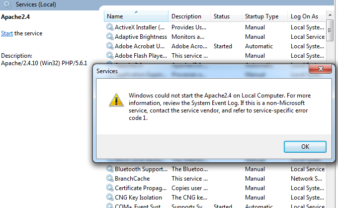 wamp server apache service not starting