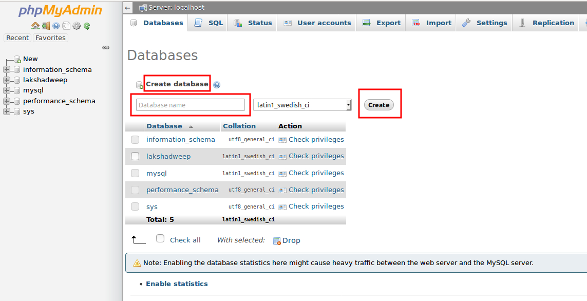 localhost dashboard phpmyadmin