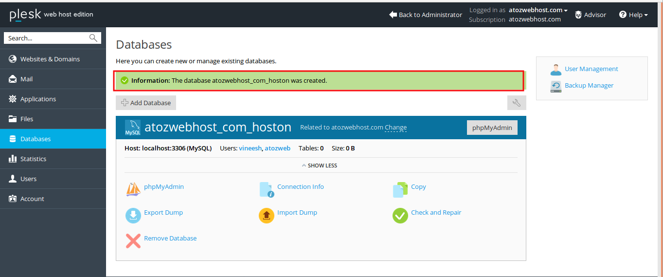 select command using plesk for mysql