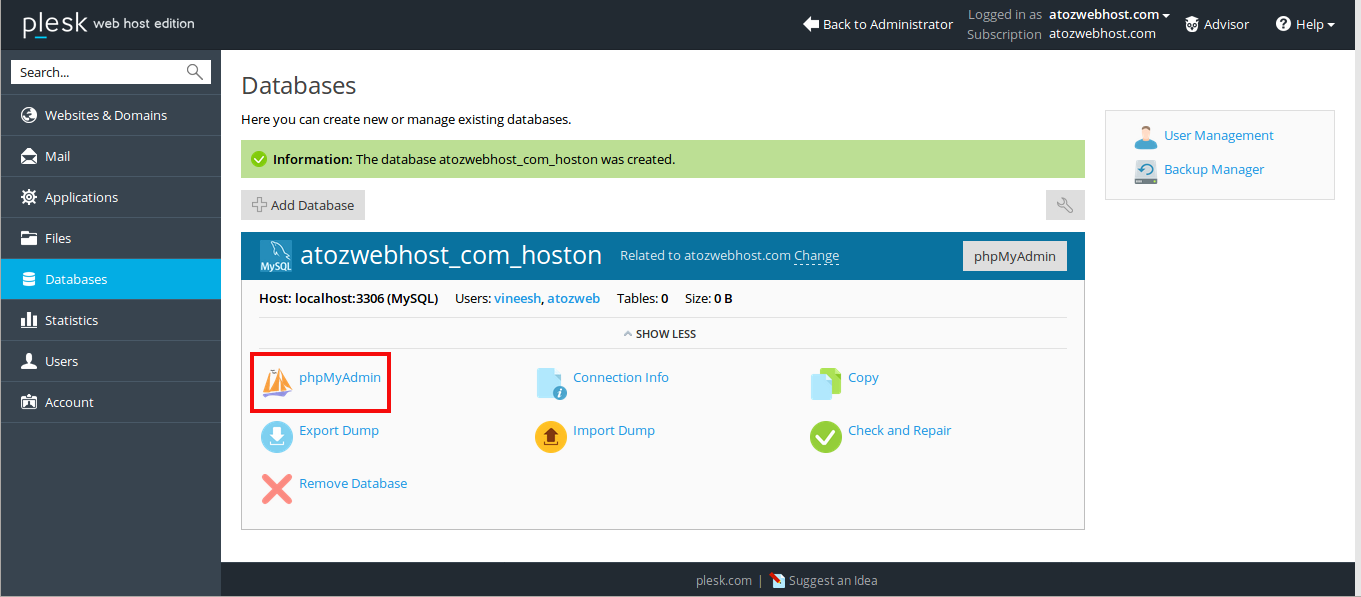 select command using plesk for mysql