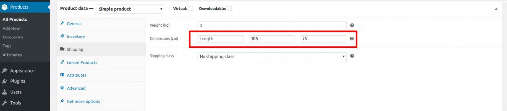 Display product width and height in WooCommerce product page