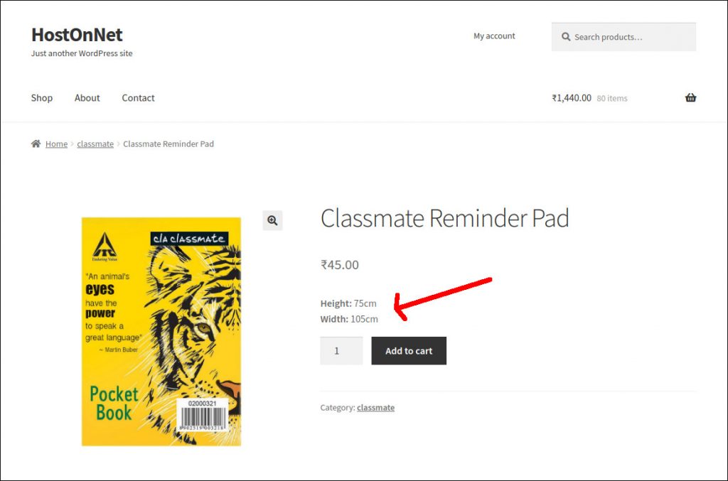 Display product width and height in WooCommerce product page
