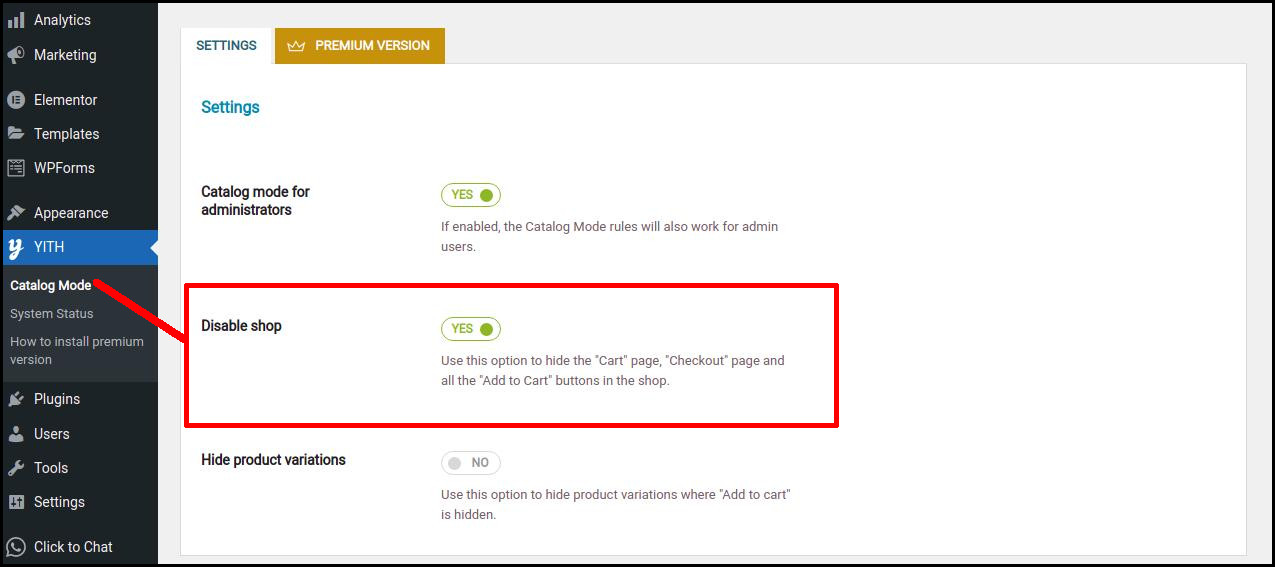 YITH WooCommerce Catalog Mode plugin configure